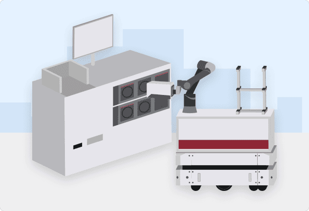 医療機関にて検体入りの箱を搬送するアーム付きAMRの活用事例