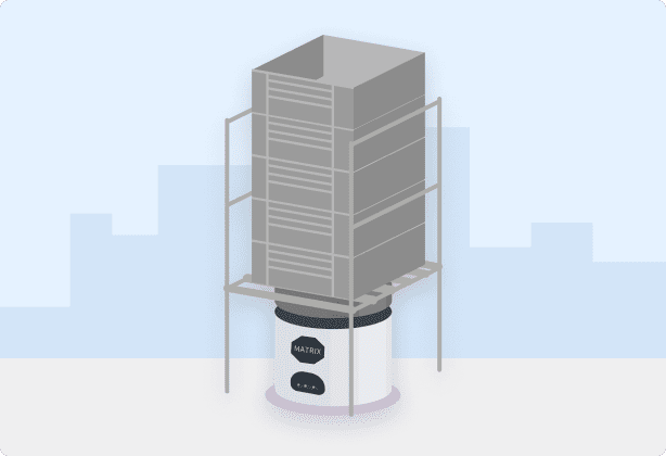 ゴムメーカーにて空箱を積んだラックをリフトアップ搬送するAMRの活用事例