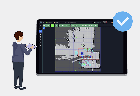 タブレット端末で走行速度のゾーン設定やマップ編集を操作しているAMRの管理画面