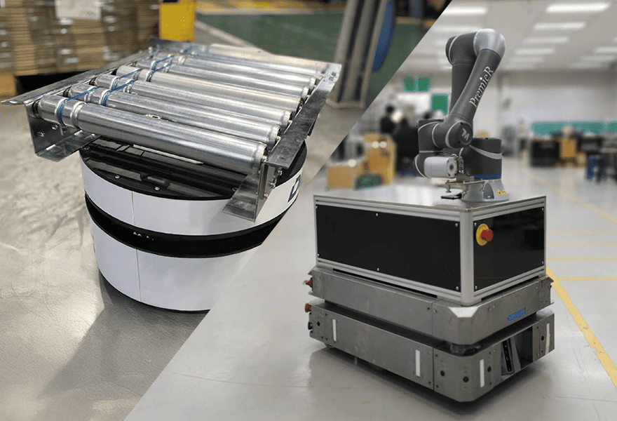 コンベヤモジュールと協働ロボット（アーム）をそれぞれ搭載したAMRのトップモジュール活用例