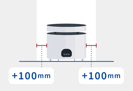 左右の壁から片側100mmのクリアランス（隙間）で狭路走行するAMRの図解